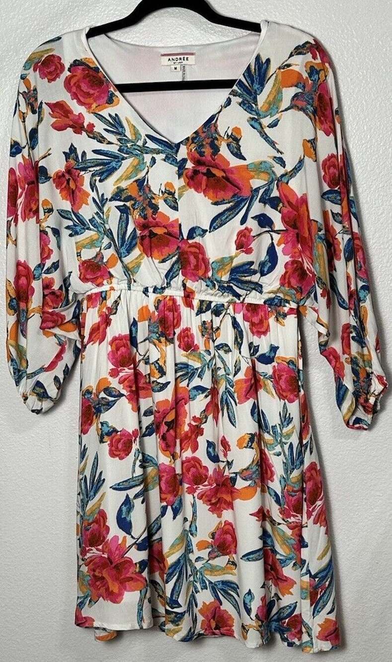 Andree by Unit Women’s Colorful Floral Printed Puff Sleeve Boho Dress Sz Medium